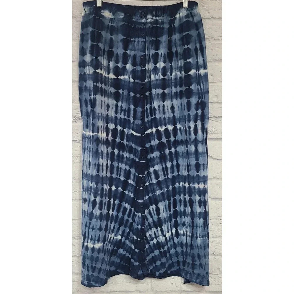 Ruff Hewn Tie Dye Maxi Skirt Women's 2X Navy Blue White Button Front
